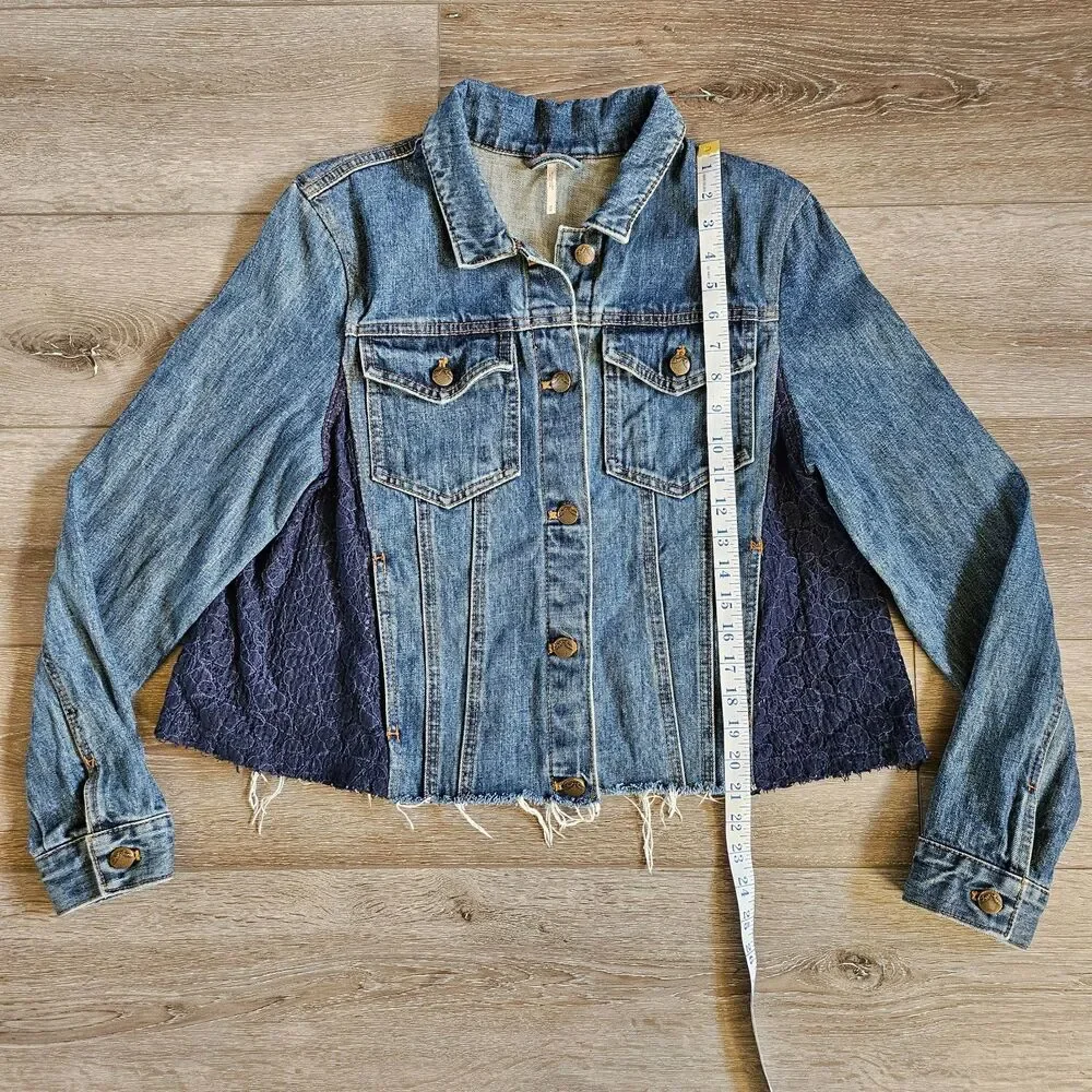 Free People Denim Lace Frayed Jean Jacket Women's Size M Dark Wash